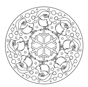 Página para Colorir Mandala de Natal com Papai Noel e Flocos de Neve