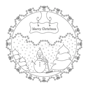 Página para Colorir Mandala de Natal com Boneco de Neve e Árvore