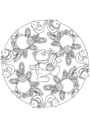 Página para Colorir Mandala de Natal do Ursinho de Pelúcia