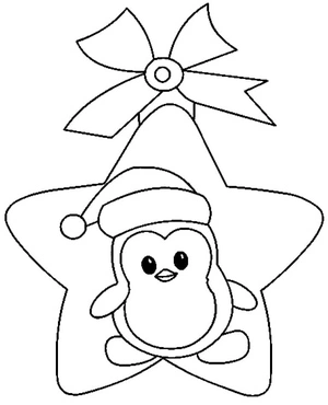 Pinguim com chapéu de Natal sobre estrela, fácil estrela de Natal página para colorir, grátis para imprimir