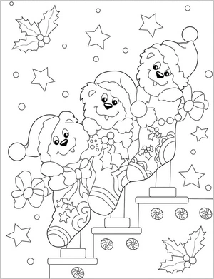 Página para Colorir Página para colorir com tema de ursinhos de pelúcia e meia de Natal