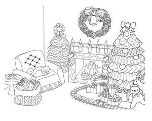 Página para Colorir Página para Colorir de Lareira e Árvores de Natal