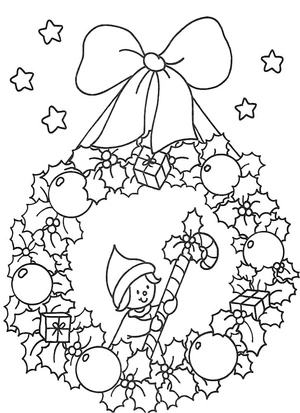 Elfo com bastão de doce, fácil guirlanda de Natal para colorir, página gratuita para imprimir
