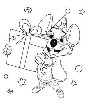 Chuck E. Cheese Segurando um Presente
