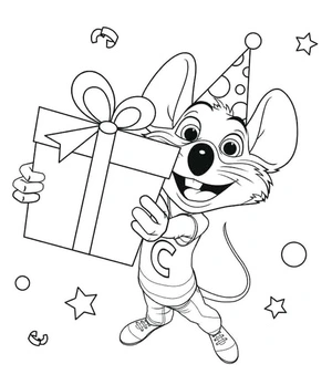 Página para Colorir Chuck E. Cheese Segurando um Presente