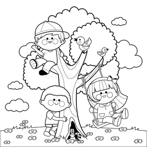 Página para Colorir Crianças Brincando em uma Árvore