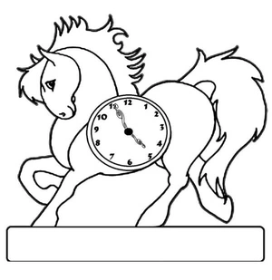 Cavalo com relógio, página de colorir fácil, imprimível grátis