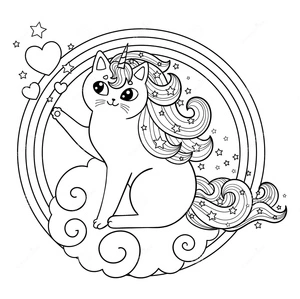 Página para Colorir Um Gato com Chifre de Unicórnio Sentado em uma Nuvem