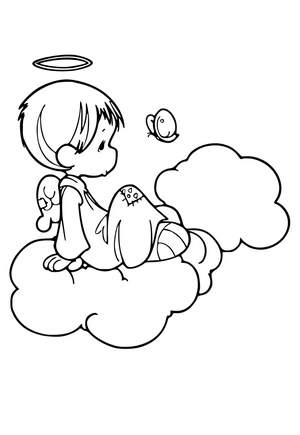 Página para Colorir Menino Anjo nas Nuvens