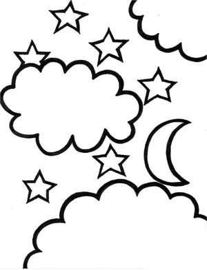 Página para Colorir Página para Colorir: Nuvens, Estrelas e Lua