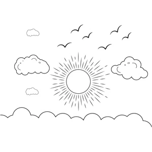 Página para Colorir Céu Ensolarado com Nuvens e Pássaros