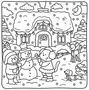 Página para Colorir Amigos na Cabana de Inverno