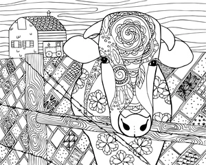 Página para Colorir Mandala de uma Vaca na Fazenda