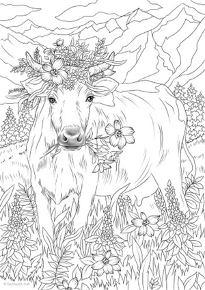 Página para Colorir Mandala de Vaca Cercada por Flores e Folhas