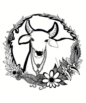 Página para Colorir Mandala de uma Vaca Cercada por Flores