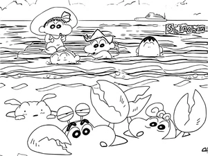 Shin Chan na praia com amigos, página de colorir detalhada Crayon Shin-chan, grátis para imprimir