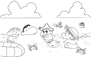 Shin Chan e amigos na praia, fácil Crayon Shin-chan coloring page, free printable