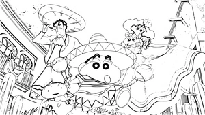 Shin-chan com sombrero e maracas, página de colorir média do Crayon Shin-chan, grátis para imprimir