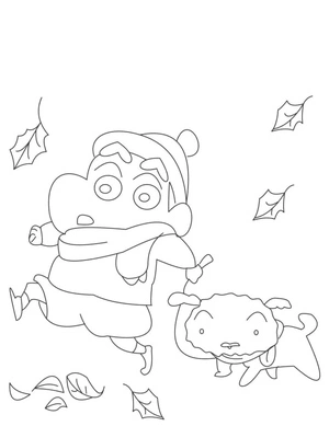 Shin Chan brincando com folhas, página de colorir fácil de Crayon Shin-chan, imprimível grátis