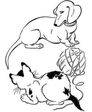 Página para Colorir Gatinho Fofo e Dachshund Brincalhão
