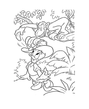 Daisy Duck e macaco na selva, página de colorir média da Disney, imprimível grátis