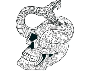 Página para Colorir Uma Caveira Assustadora com uma Anaconda Saindo do Seu Olho