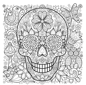 Um Crânio Adorna a Pintura com um Ornamento Floral