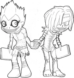Página para Colorir Versões chibi de Ryuk e Rem do anime Death Note.