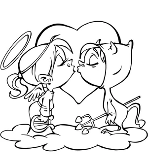 Anjo e demônio se beijando, fácil página para colorir de demônio, impressão gratuita