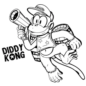 Diddy Kong com jetpack e chapéu, página para colorir média da série Mario, impressão gratuita