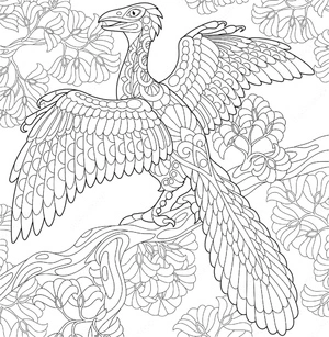 Gallimimus em mandala, página de colorir detalhada de Mandala de Dinossauro, grátis para imprimir