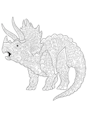 Tricerátopo em mandala, página de colorir detalhada de dinossauro, imprimível grátis