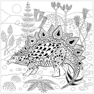 Estegossauro em mandala natural, detalhada mandala de dinossauro, página para colorir grátis