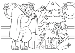 Página para Colorir A Bela e a Fera da Disney: Edição de Natal