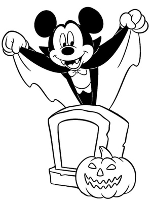 Página para colorir da Disney com tema de Halloween com Mickey Mouse como vampiro