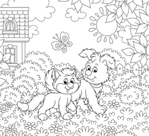 Página para Colorir Gato e Cachorro Aproveitando o Jardim