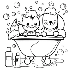 Página para Colorir Gato e Cachorro no Banheiro