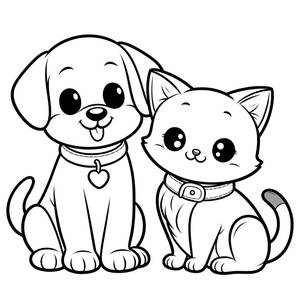 Página para colorir imprimível com um adorável cachorro e gato