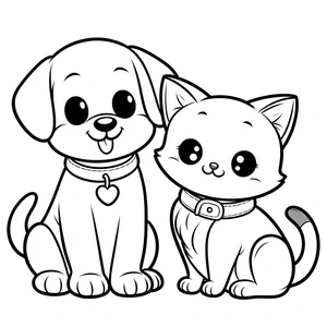 Página para Colorir Página para colorir imprimível com um adorável cachorro e gato