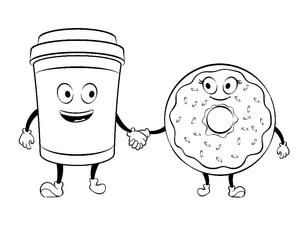 Página para Colorir Desenho Animado de Café e Rosquinha