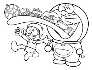 Página para Colorir Doraemon e suas Comidas Favoritas