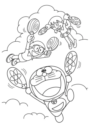 Página para Colorir Doraemon Voando no Céu