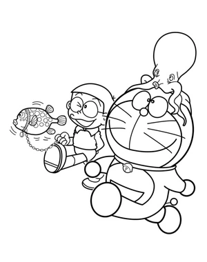 Página para Colorir Doraemon com um Polvo