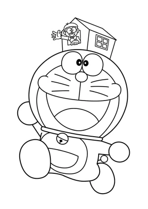 Página para Colorir Doraemon com Casa Pequena