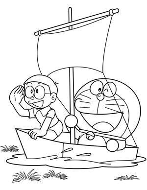 Página para Colorir Nobita e Doraemon no Barco