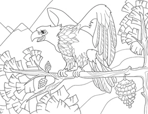 Página para Colorir Águia Divertida Empoleirada em um Galho de Árvore