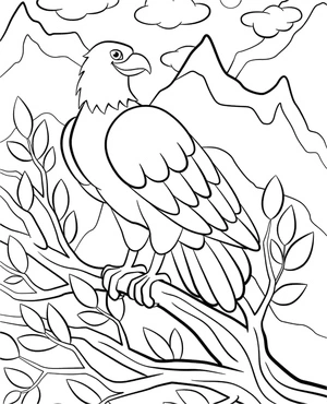 Página para Colorir Águia Empoleirada em uma Árvore