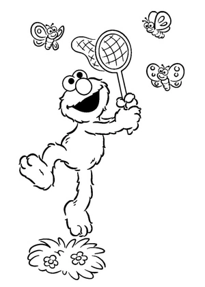 Página para Colorir Elmo Está Pegando Borboletas