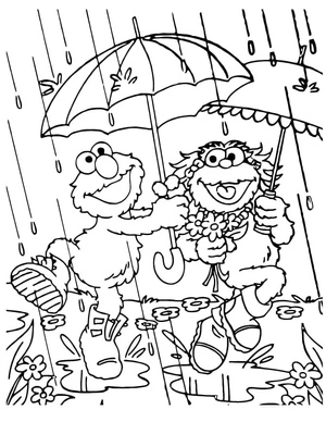 Página para Colorir Elmo é pego na chuva.