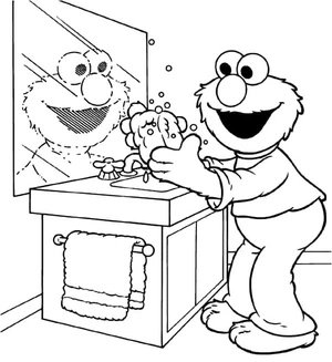 Página para Colorir Elmo está lavando as mãos.